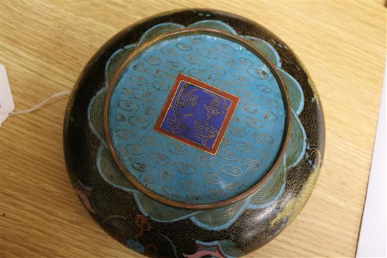 A Chinese cloisonne shallow bowl decorated with dragons and six similar vases, Dia 19.5cm